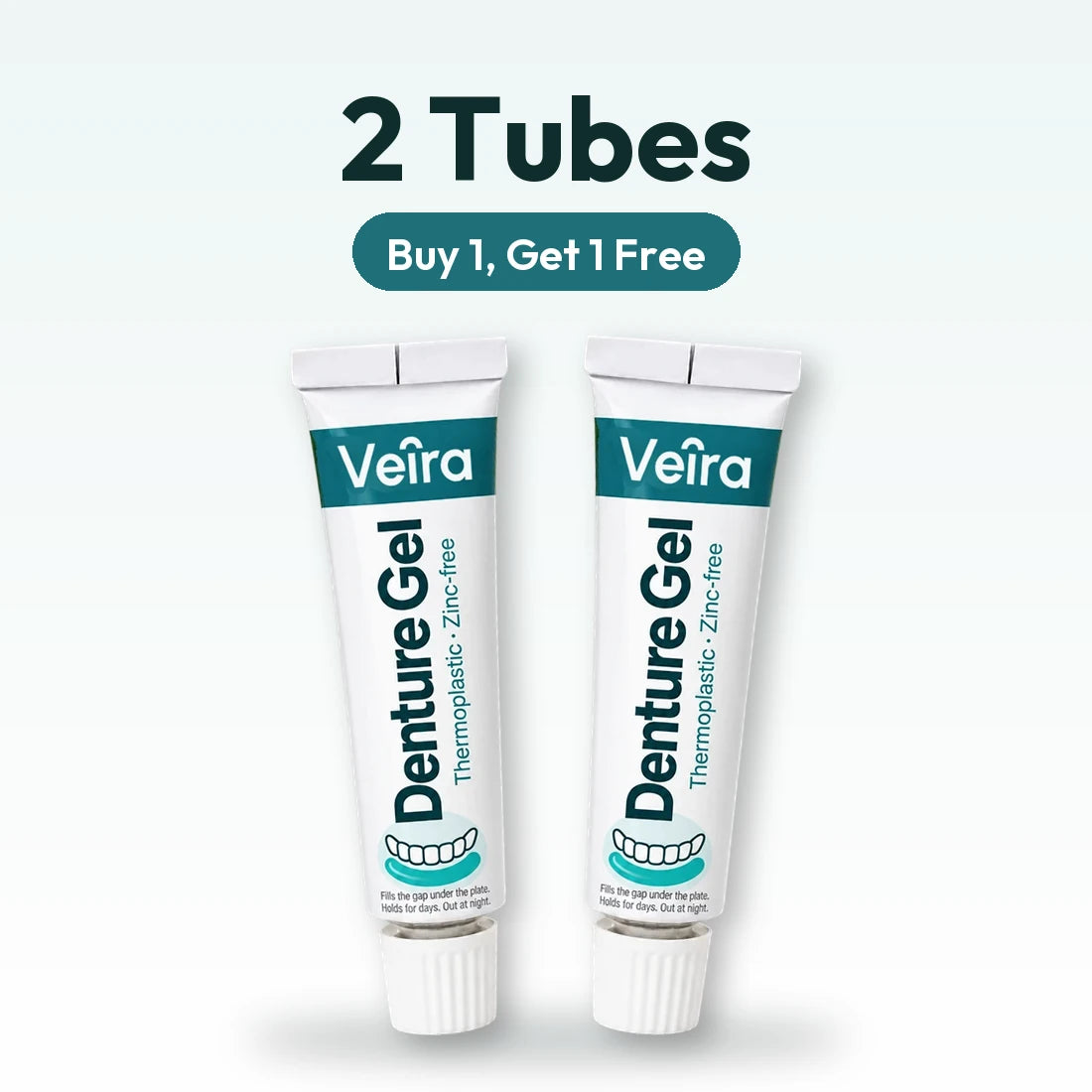 Two tubes of Veira Denture Gel. Buy 1, get 1 free.