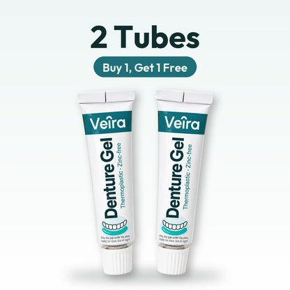 Two tubes of Veira Denture Gel. Buy 1, get 1 free.
