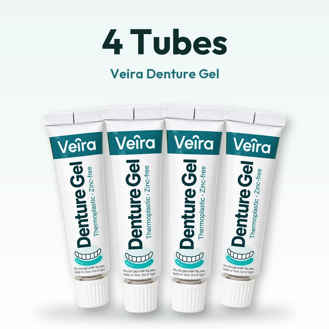 Four tubes of Veira Denture Gel in a row.