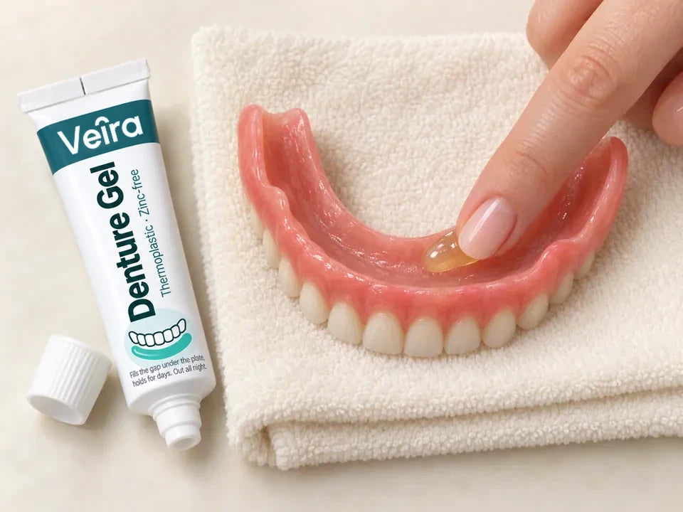 A finger spreads a thin layer of Veira Denture Gel over the inside of a lower plate on a towel