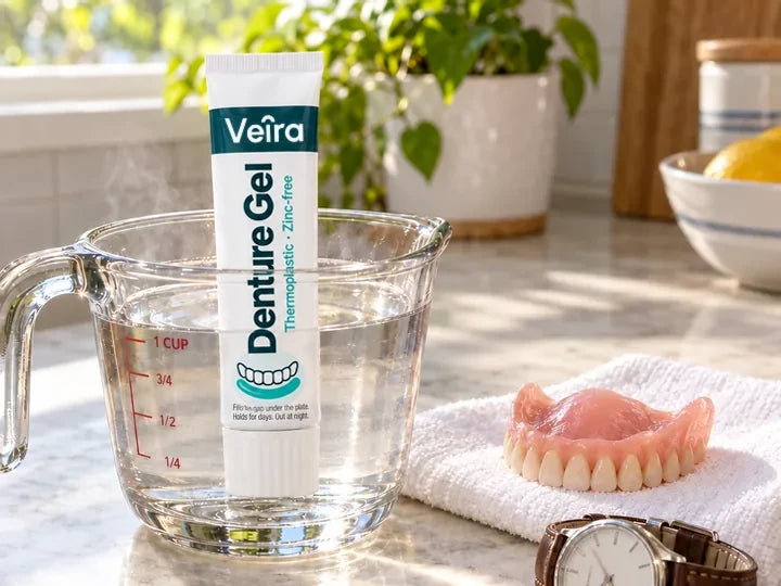 A Veira Denture Gel tube stands in a glass measuring cup of warm water beside a clean, dry upper plate on a towel