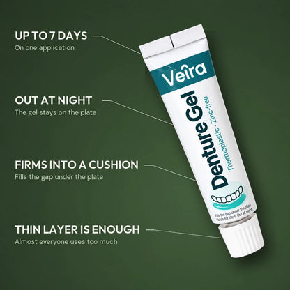 Veira Denture Gel tube with callouts: up to 7 days on one application, out at night with the gel staying on the plate, firms into a cushion that fills the gap, a thin layer is enough