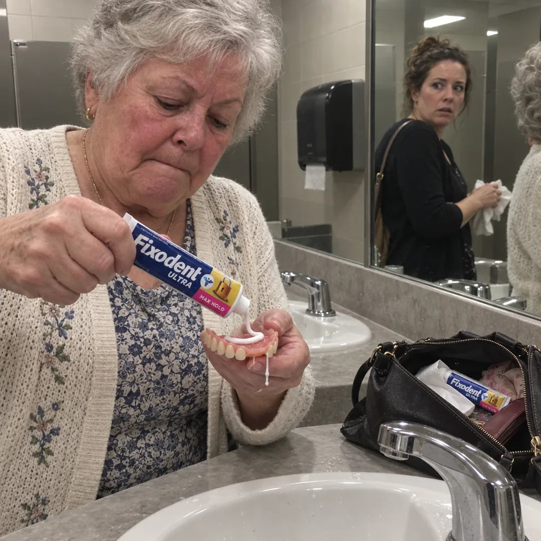 In a restaurant restroom a woman squeezes a ribbon of denture cream onto her plate at the sink while another woman stares at her in the mirror
